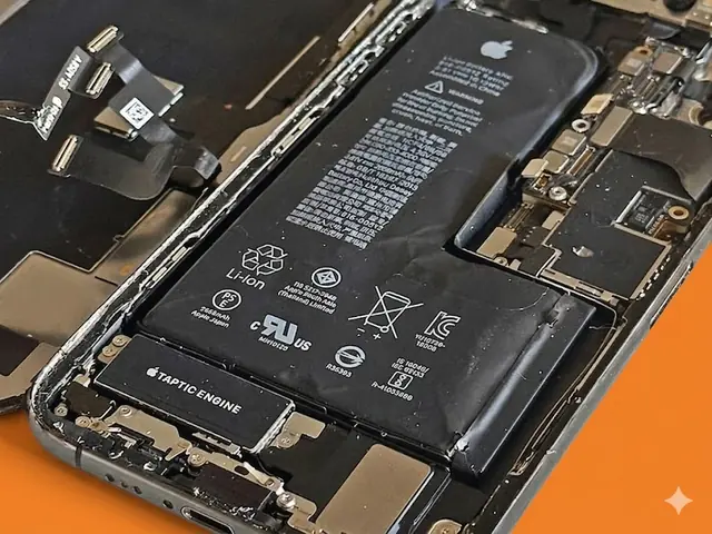 iPhone opened showing the battery and taptic engine during a battery replacement